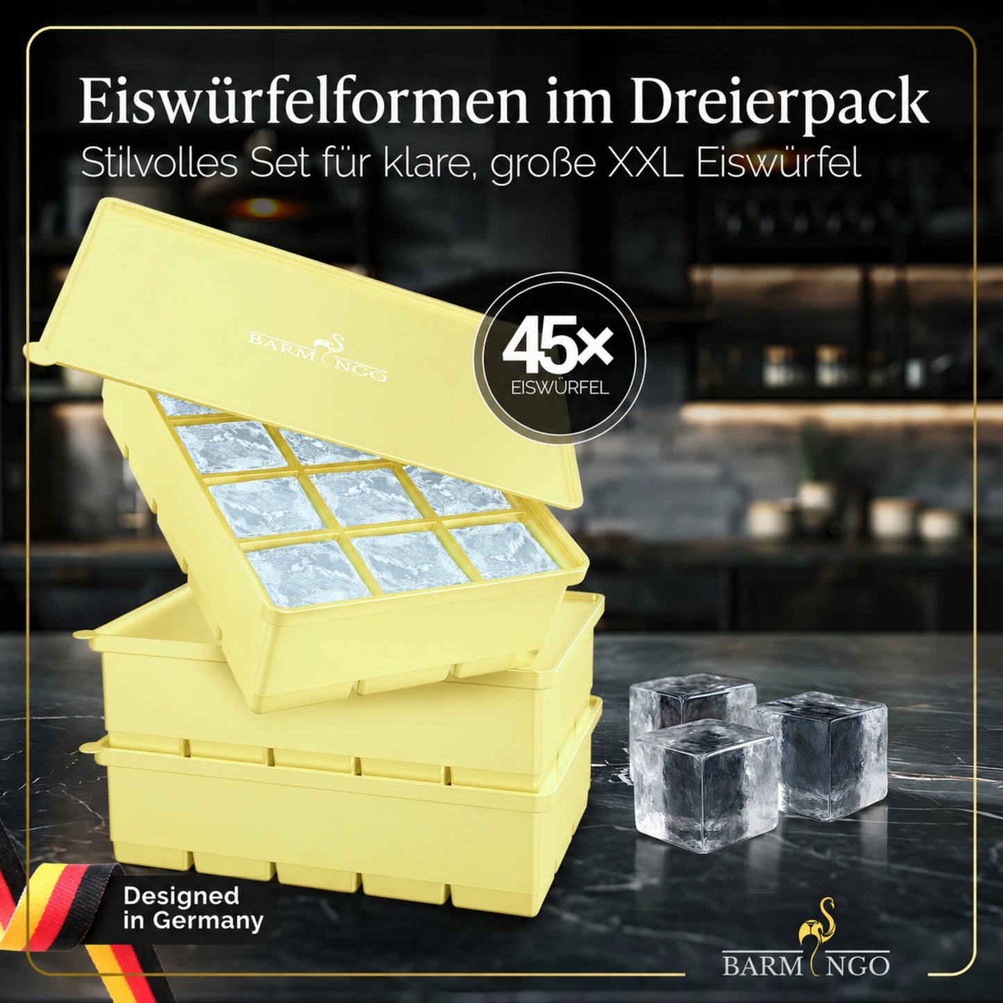 BARMINGO Eiswürfelform XXL mit Deckel | 3er Set | Farbe: Gelb