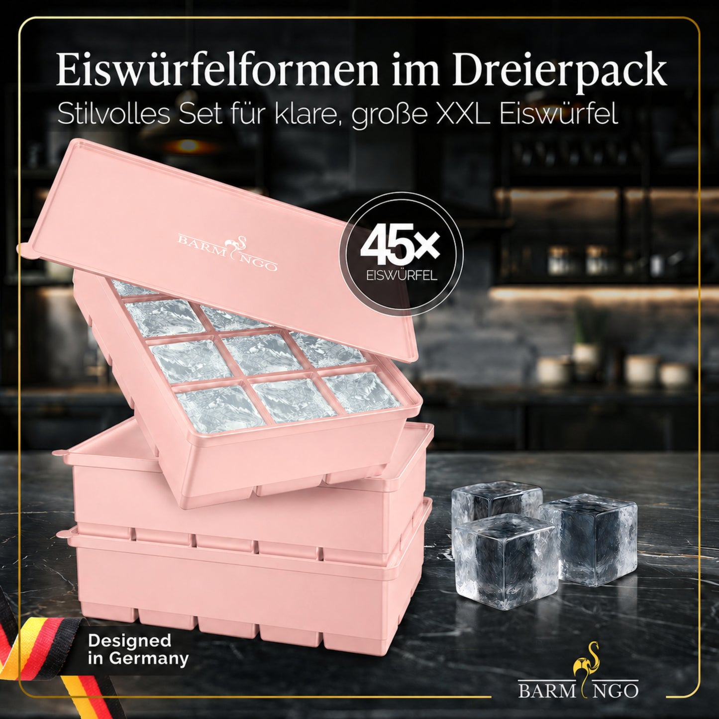 BARMINGO Eiswürfelform XXL mit Deckel | 3er Set | Farbe: Rosa