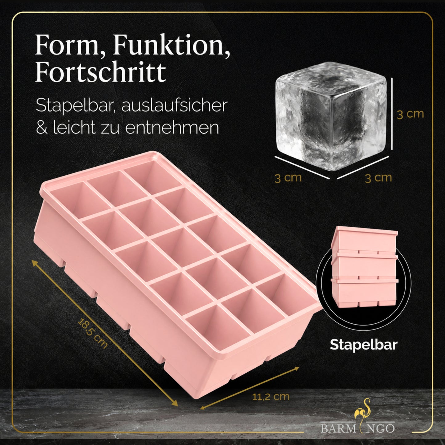 BARMINGO Eiswürfelform XXL mit Deckel | 3er Set | Farbe: Rosa