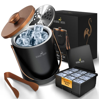 BARMINGO Eiswürfelbehälter mit Deckel | Farbe: Kupfer | 2l Eisbehälter mit Sieb, Eiswürfelform, Zange