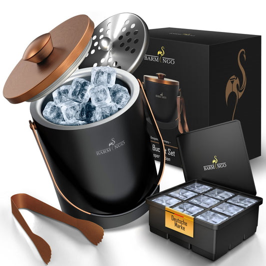 BARMINGO Eiswürfelbehälter mit Deckel | Farbe: Kupfer | 2l Eisbehälter mit Sieb, Eiswürfelform, Zange