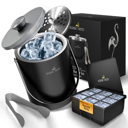 BARMINGO Eiswürfelbehälter mit Deckel | Farbe: Schwarz-Silber| 2l Eisbehälter mit Sieb, Eiswürfelform, Zange