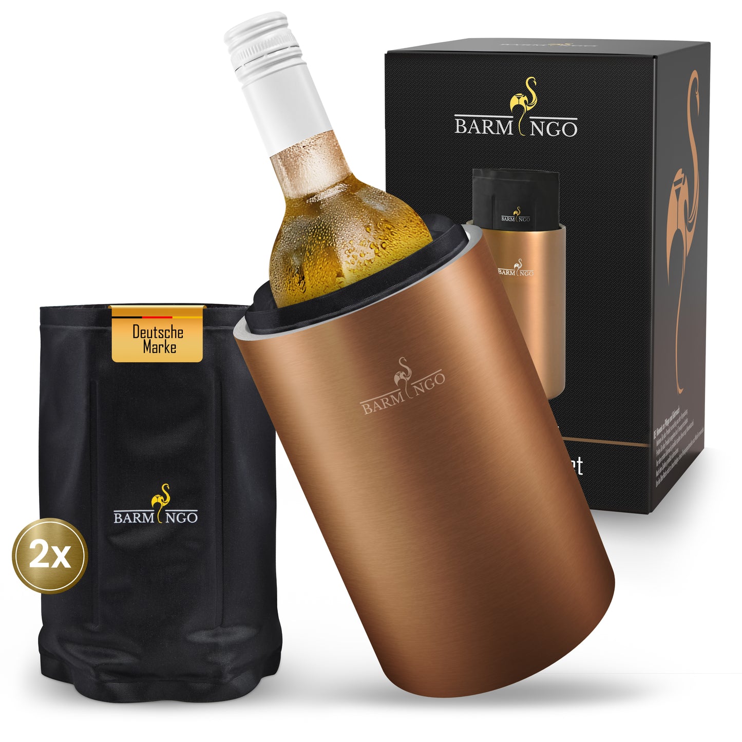BARMINGO Weinkühler mit 2 Kühlakkus | Farbe: Kupfer | Für Wein, Sekt, Champagner | Edelstahl Flaschenkühler doppelwandig