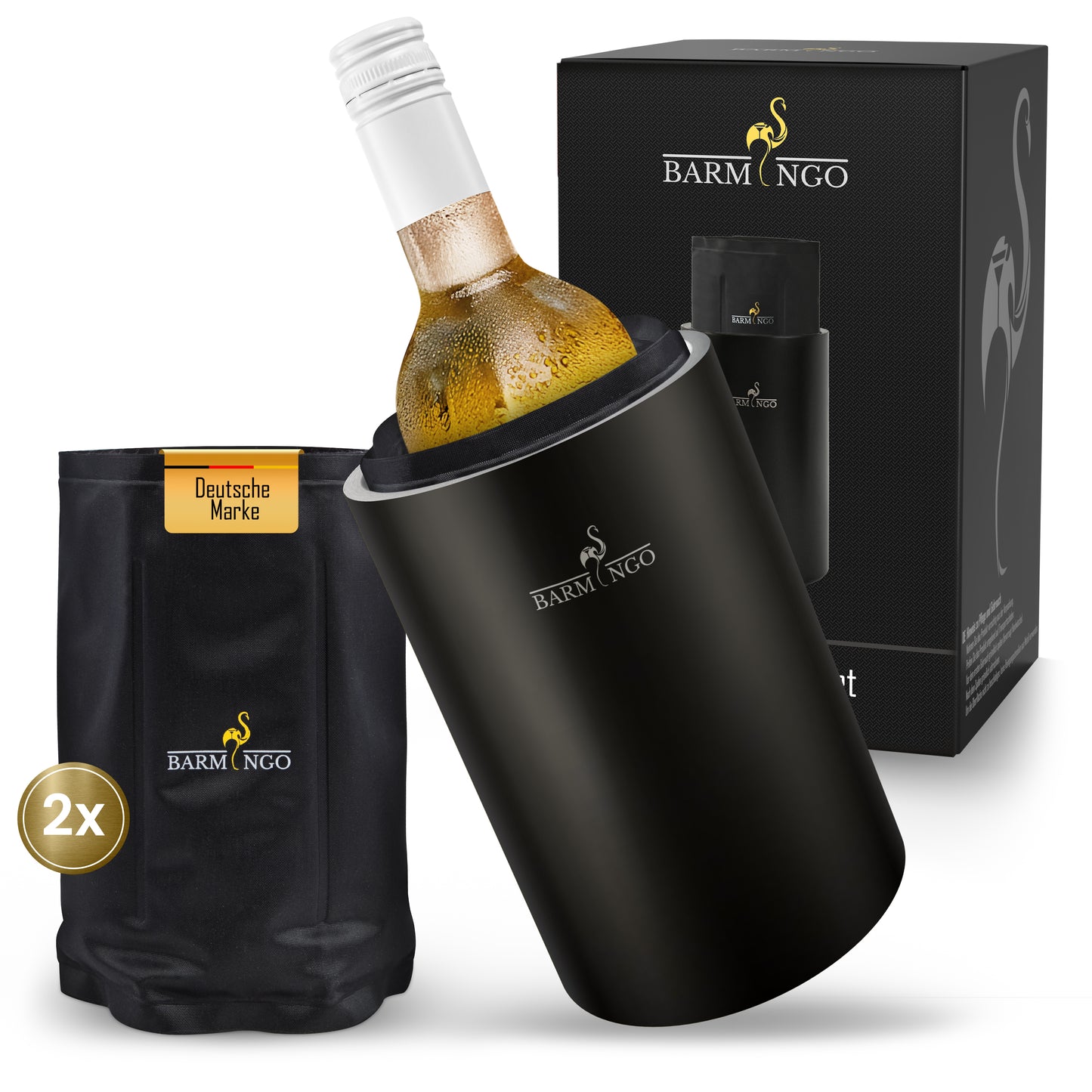 BARMINGO Weinkühler mit 2 Kühlakkus | Farbe: Schwarz-Matt | Für Wein, Sekt, Champagner | Edelstahl Flaschenkühler doppelwandig