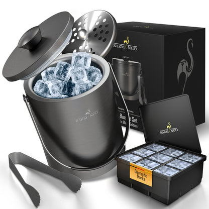 BARMINGO Eiswürfelbehälter mit Deckel | Farbe: Metallic-Schwarz | 2l Eisbehälter mit Sieb, Eiswürfelform, Zange