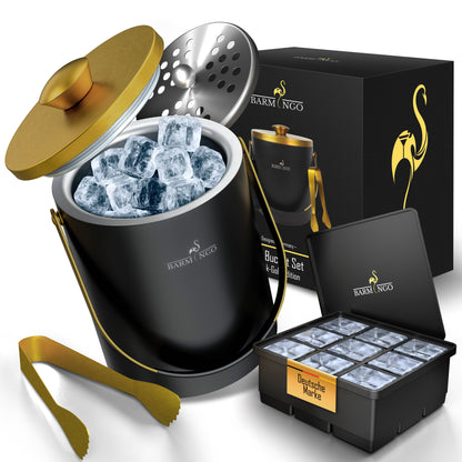 BARMINGO Eiswürfelbehälter mit Deckel | Farbe: Schwarz-Gold | 2l Eisbehälter mit Sieb, Eiswürfelform, Zange