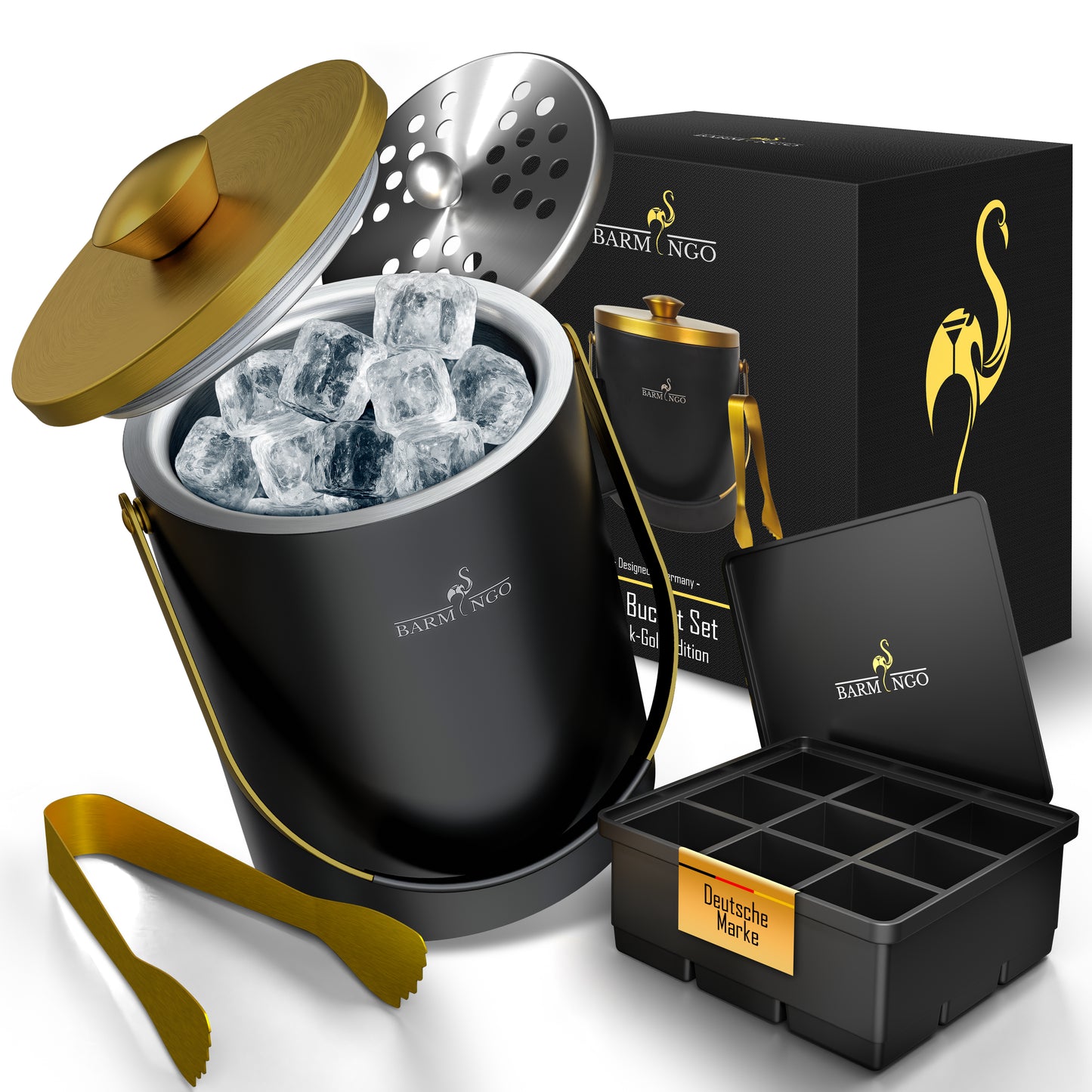 BARMINGO Eiswürfelbehälter mit Deckel | Farbe: Schwarz-Gold | 2l Eisbehälter mit Sieb, Eiswürfelform, Zange