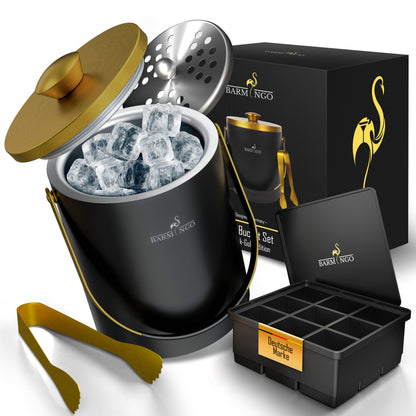 BARMINGO Eiswürfelbehälter mit Deckel | Farbe: Schwarz-Gold | 2l Eisbehälter mit Sieb, Eiswürfelform, Zange