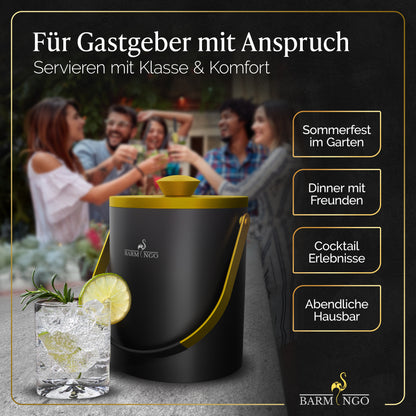 BARMINGO Eiswürfelbehälter mit Deckel | Farbe: Schwarz-Gold | 2l Eisbehälter mit Sieb, Eiswürfelform, Zange