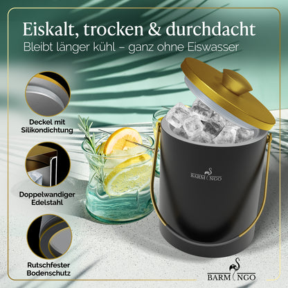 BARMINGO Eiswürfelbehälter mit Deckel | Farbe: Schwarz-Gold | 2l Eisbehälter mit Sieb, Eiswürfelform, Zange