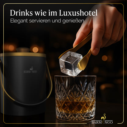 BARMINGO Eiswürfelbehälter mit Deckel | Farbe: Schwarz-Gold | 2l Eisbehälter mit Sieb, Eiswürfelform, Zange