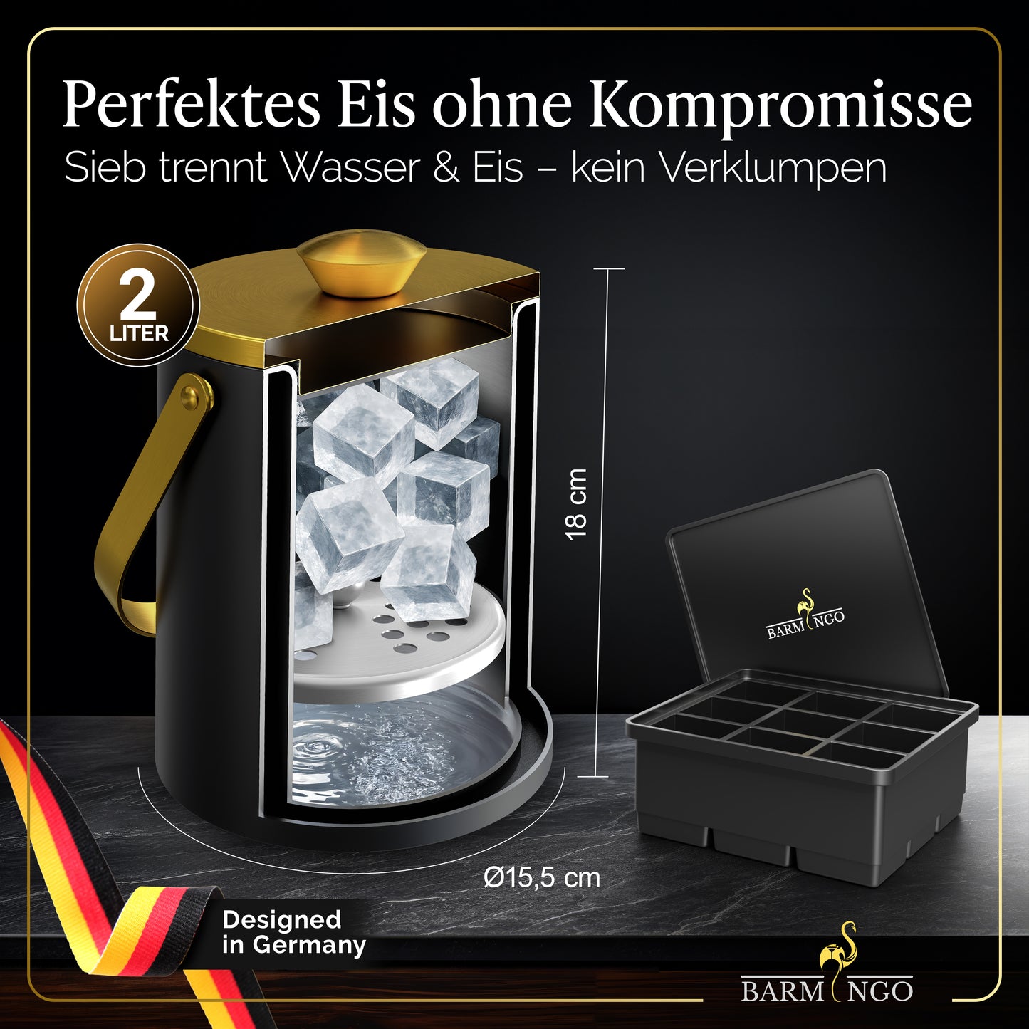 BARMINGO Eiswürfelbehälter mit Deckel | Farbe: Schwarz-Gold | 2l Eisbehälter mit Sieb, Eiswürfelform, Zange