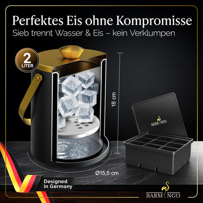 BARMINGO Eiswürfelbehälter mit Deckel | Farbe: Schwarz-Gold | 2l Eisbehälter mit Sieb, Eiswürfelform, Zange