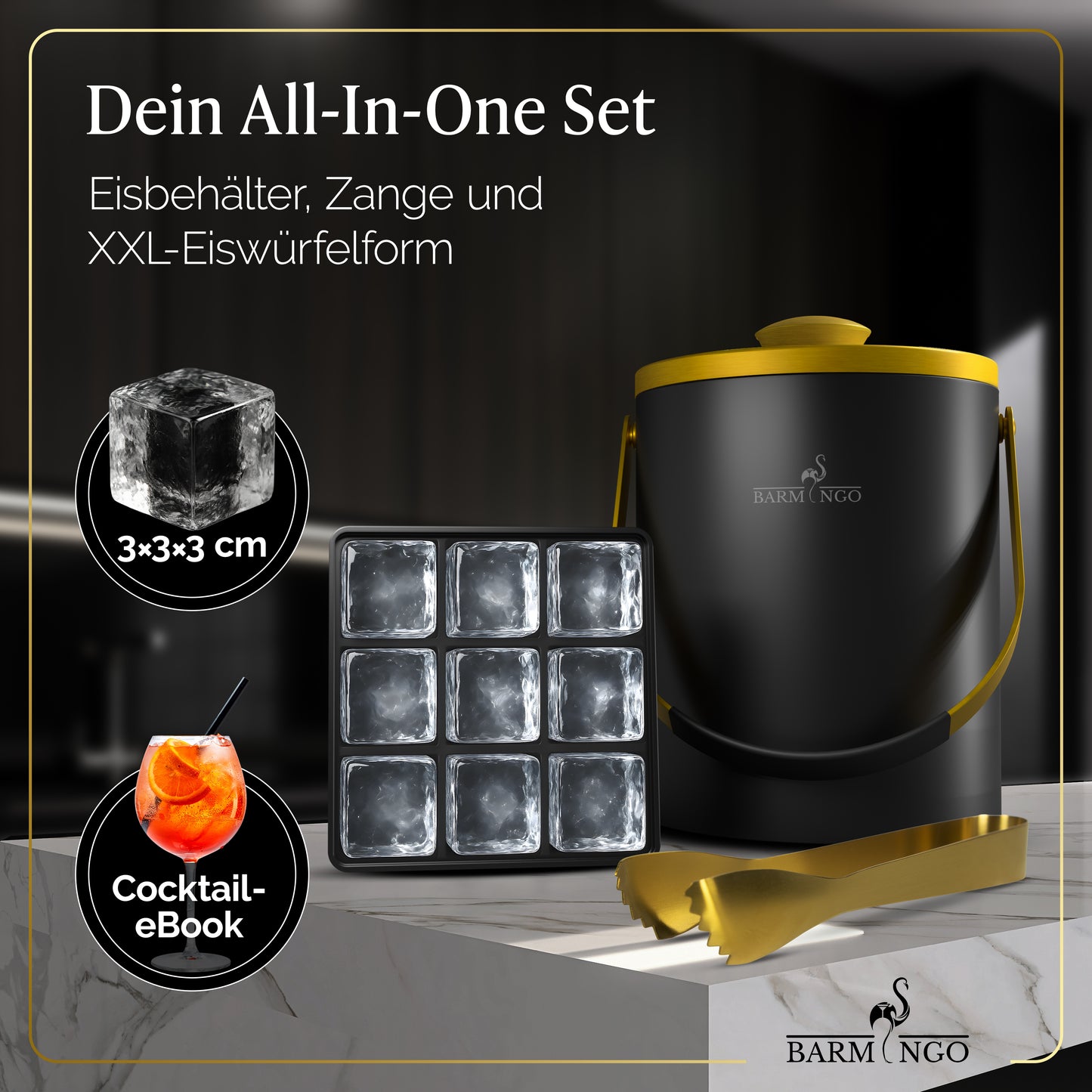 BARMINGO Eiswürfelbehälter mit Deckel | Farbe: Schwarz-Gold | 2l Eisbehälter mit Sieb, Eiswürfelform, Zange