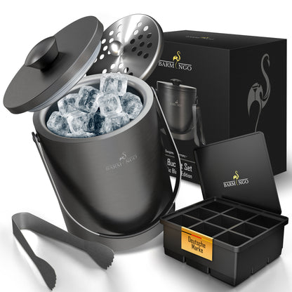 BARMINGO Eiswürfelbehälter mit Deckel | Farbe: Metallic-Schwarz | 2l Eisbehälter mit Sieb, Eiswürfelform, Zange
