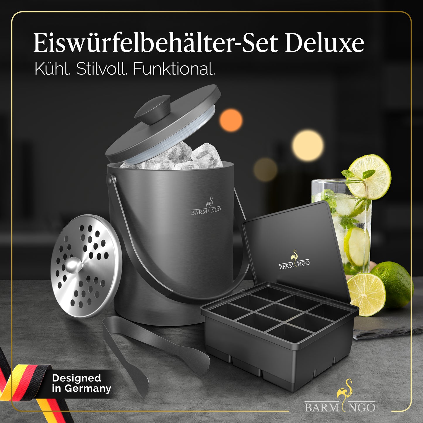 BARMINGO Eiswürfelbehälter mit Deckel | Farbe: Metallic-Schwarz | 2l Eisbehälter mit Sieb, Eiswürfelform, Zange