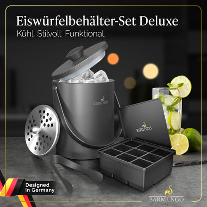 BARMINGO Eiswürfelbehälter mit Deckel | Farbe: Metallic-Schwarz | 2l Eisbehälter mit Sieb, Eiswürfelform, Zange
