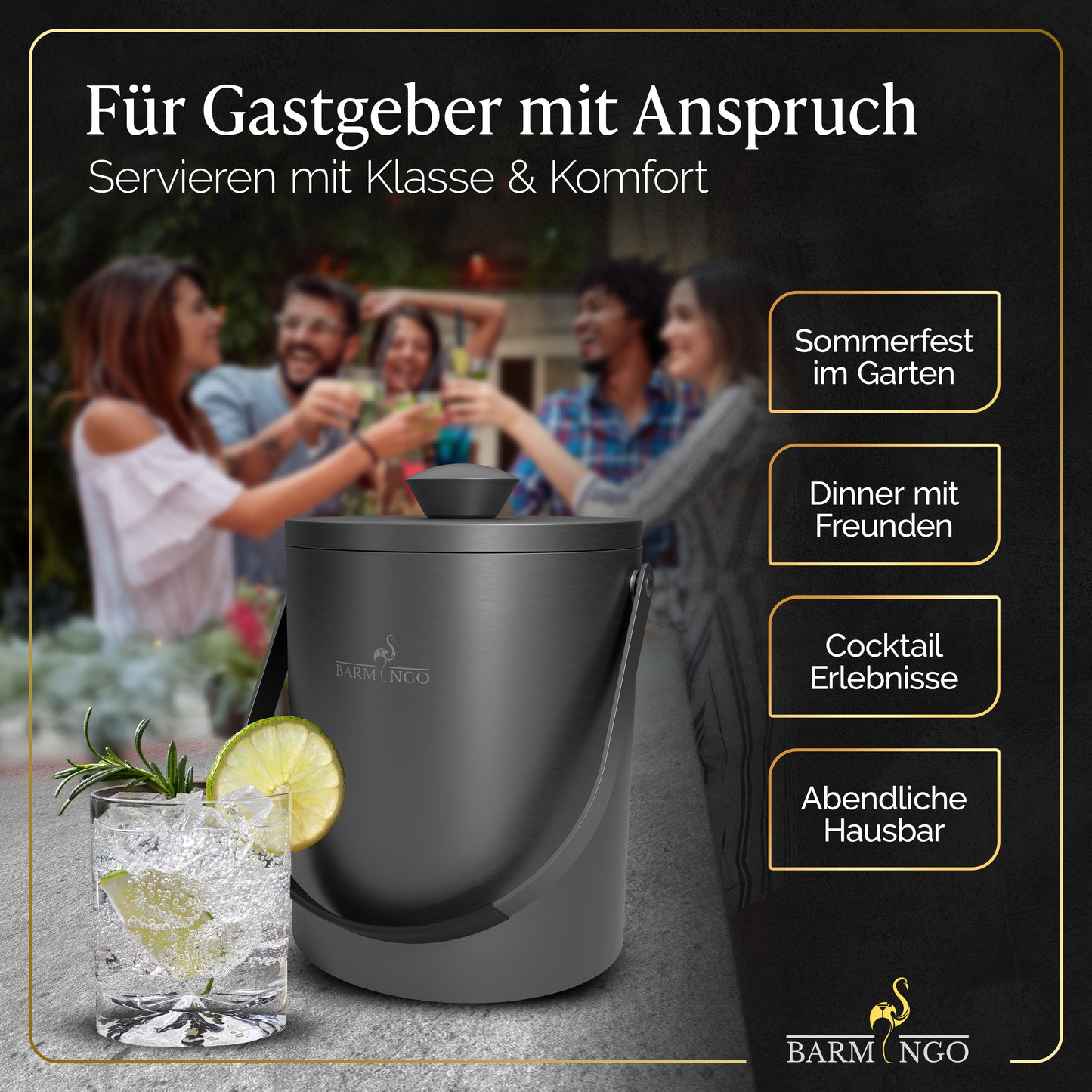 BARMINGO Eiswürfelbehälter mit Deckel | Farbe: Metallic-Schwarz | 2l Eisbehälter mit Sieb, Eiswürfelform, Zange