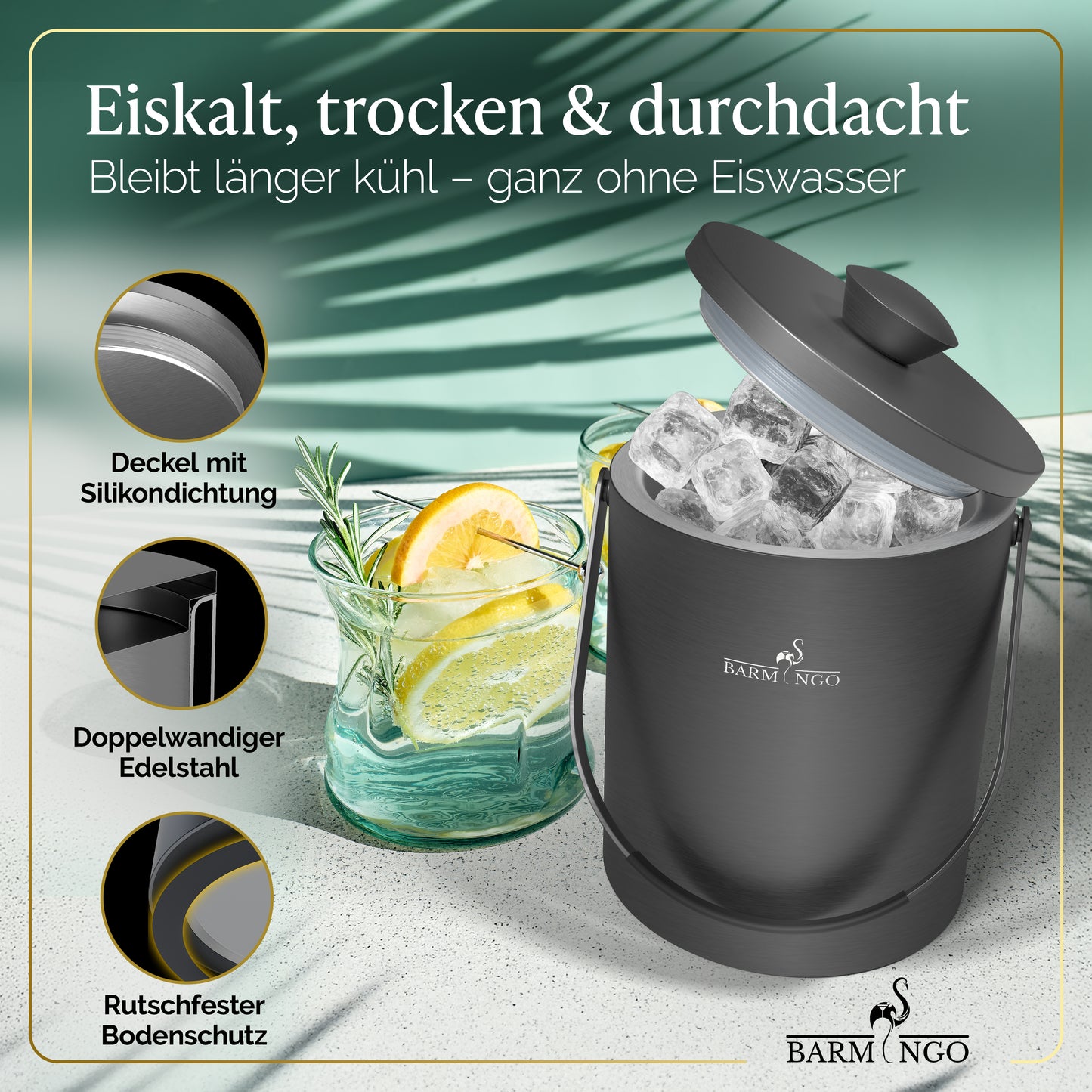 BARMINGO Eiswürfelbehälter mit Deckel | Farbe: Metallic-Schwarz | 2l Eisbehälter mit Sieb, Eiswürfelform, Zange