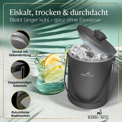 BARMINGO Eiswürfelbehälter mit Deckel | Farbe: Metallic-Schwarz | 2l Eisbehälter mit Sieb, Eiswürfelform, Zange