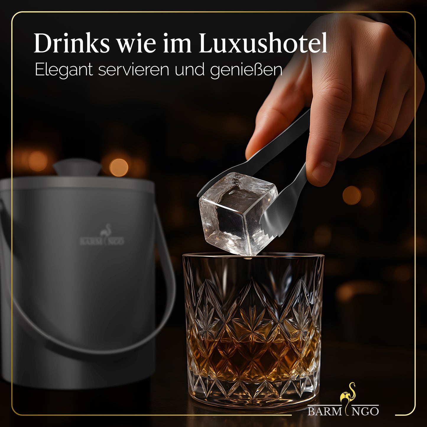 BARMINGO Eiswürfelbehälter mit Deckel | Farbe: Metallic-Schwarz | 2l Eisbehälter mit Sieb, Eiswürfelform, Zange