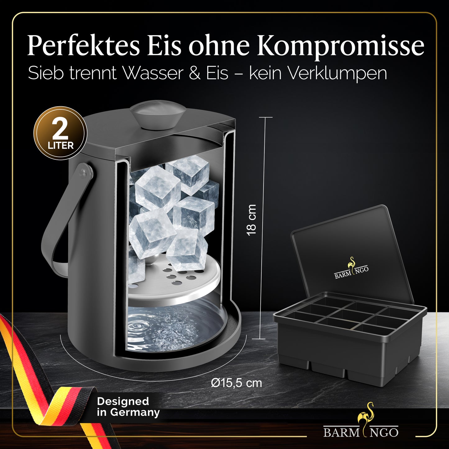 BARMINGO Eiswürfelbehälter mit Deckel | Farbe: Metallic-Schwarz | 2l Eisbehälter mit Sieb, Eiswürfelform, Zange