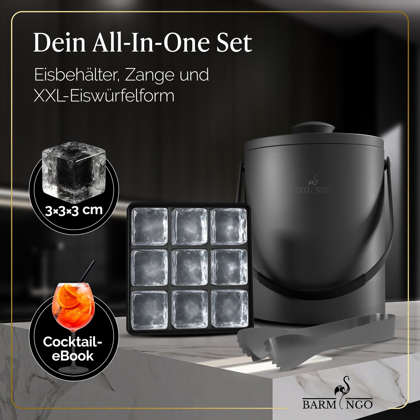 BARMINGO Eiswürfelbehälter mit Deckel | Farbe: Metallic-Schwarz | 2l Eisbehälter mit Sieb, Eiswürfelform, Zange