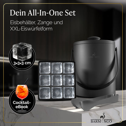 BARMINGO Eiswürfelbehälter mit Deckel | Farbe: Metallic-Schwarz | 2l Eisbehälter mit Sieb, Eiswürfelform, Zange