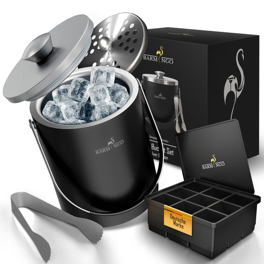 BARMINGO Eiswürfelbehälter mit Deckel | Farbe: Schwarz-Silber| 2l Eisbehälter mit Sieb, Eiswürfelform, Zange