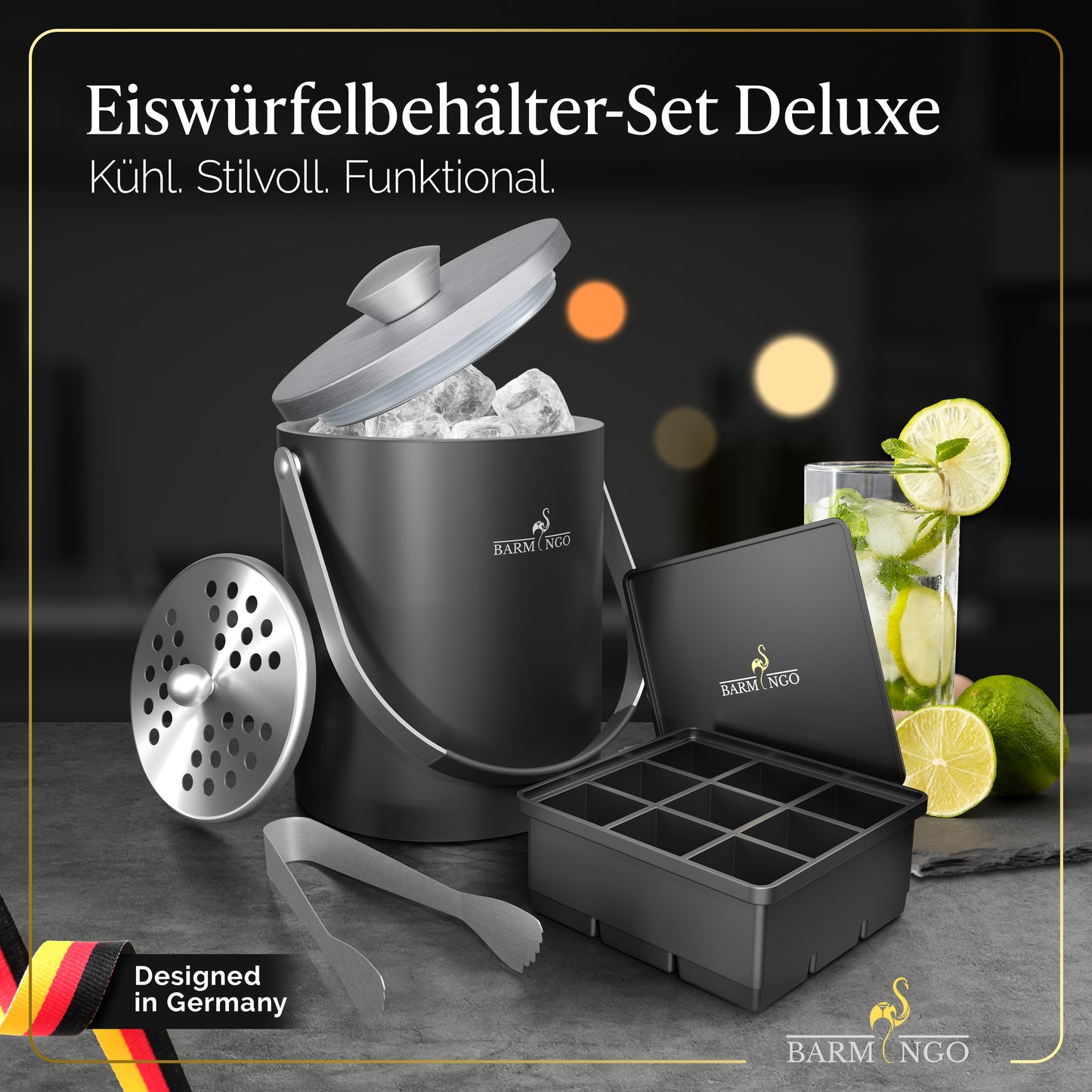 BARMINGO Eiswürfelbehälter mit Deckel | Farbe: Schwarz-Silber| 2l Eisbehälter mit Sieb, Eiswürfelform, Zange