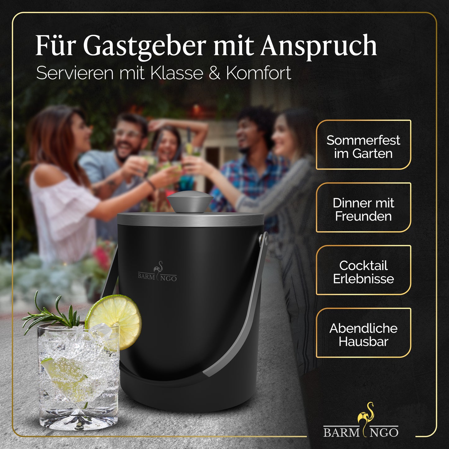 BARMINGO Eiswürfelbehälter mit Deckel | Farbe: Schwarz-Silber| 2l Eisbehälter mit Sieb, Eiswürfelform, Zange