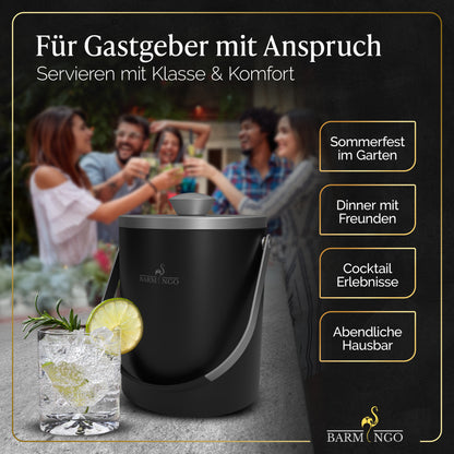 BARMINGO Eiswürfelbehälter mit Deckel | Farbe: Schwarz-Silber| 2l Eisbehälter mit Sieb, Eiswürfelform, Zange