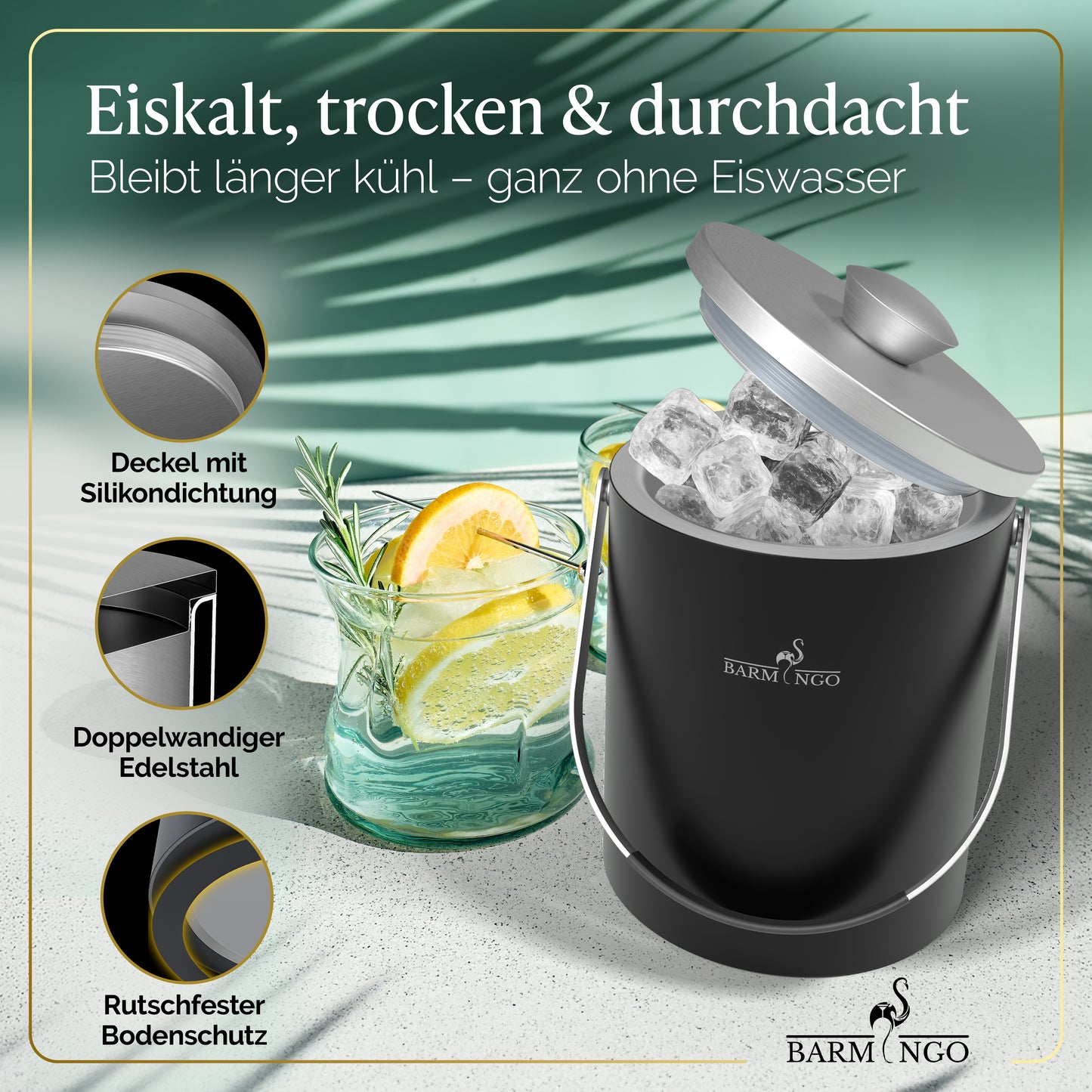 BARMINGO Eiswürfelbehälter mit Deckel | Farbe: Schwarz-Silber| 2l Eisbehälter mit Sieb, Eiswürfelform, Zange