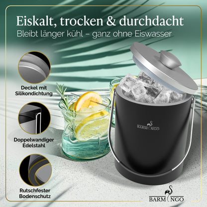 BARMINGO Eiswürfelbehälter mit Deckel | Farbe: Schwarz-Silber| 2l Eisbehälter mit Sieb, Eiswürfelform, Zange