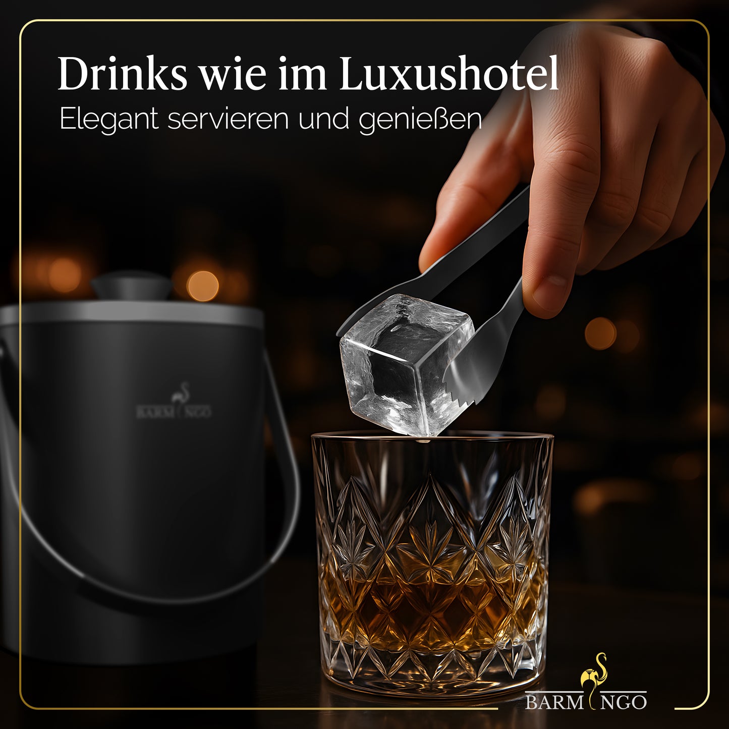 BARMINGO Eiswürfelbehälter mit Deckel | Farbe: Schwarz-Silber| 2l Eisbehälter mit Sieb, Eiswürfelform, Zange