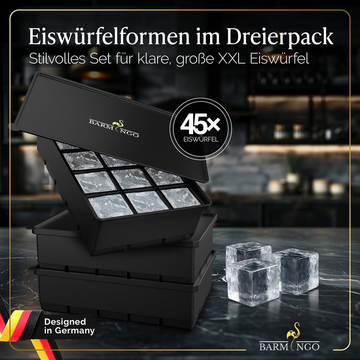 BARMINGO Eiswürfelform XXL mit Deckel | 3er Set | Farbe: Schwarz