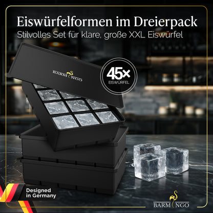 BARMINGO Eiswürfelform XXL mit Deckel | 3er Set | Farbe: Schwarz
