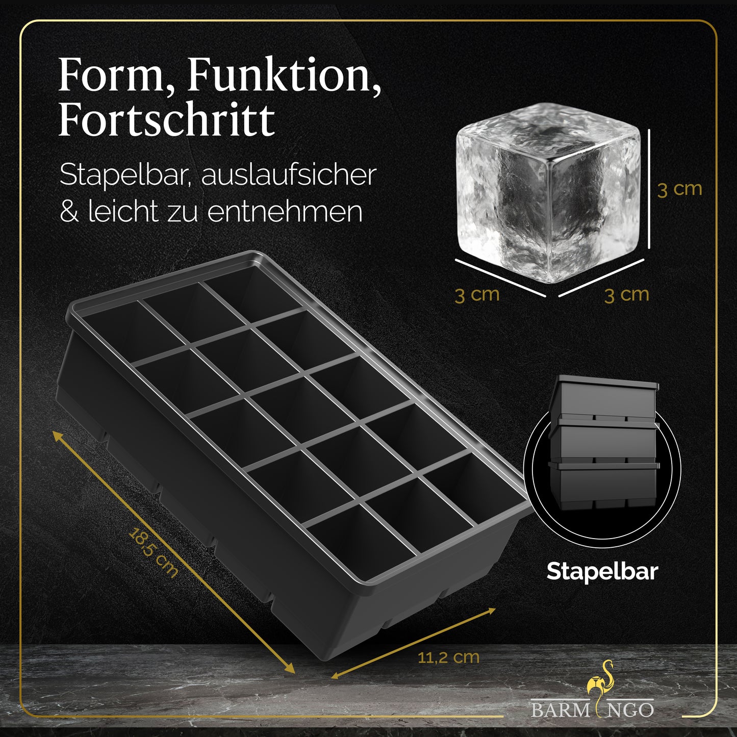BARMINGO Eiswürfelform XXL mit Deckel | 3er Set | Farbe: Schwarz