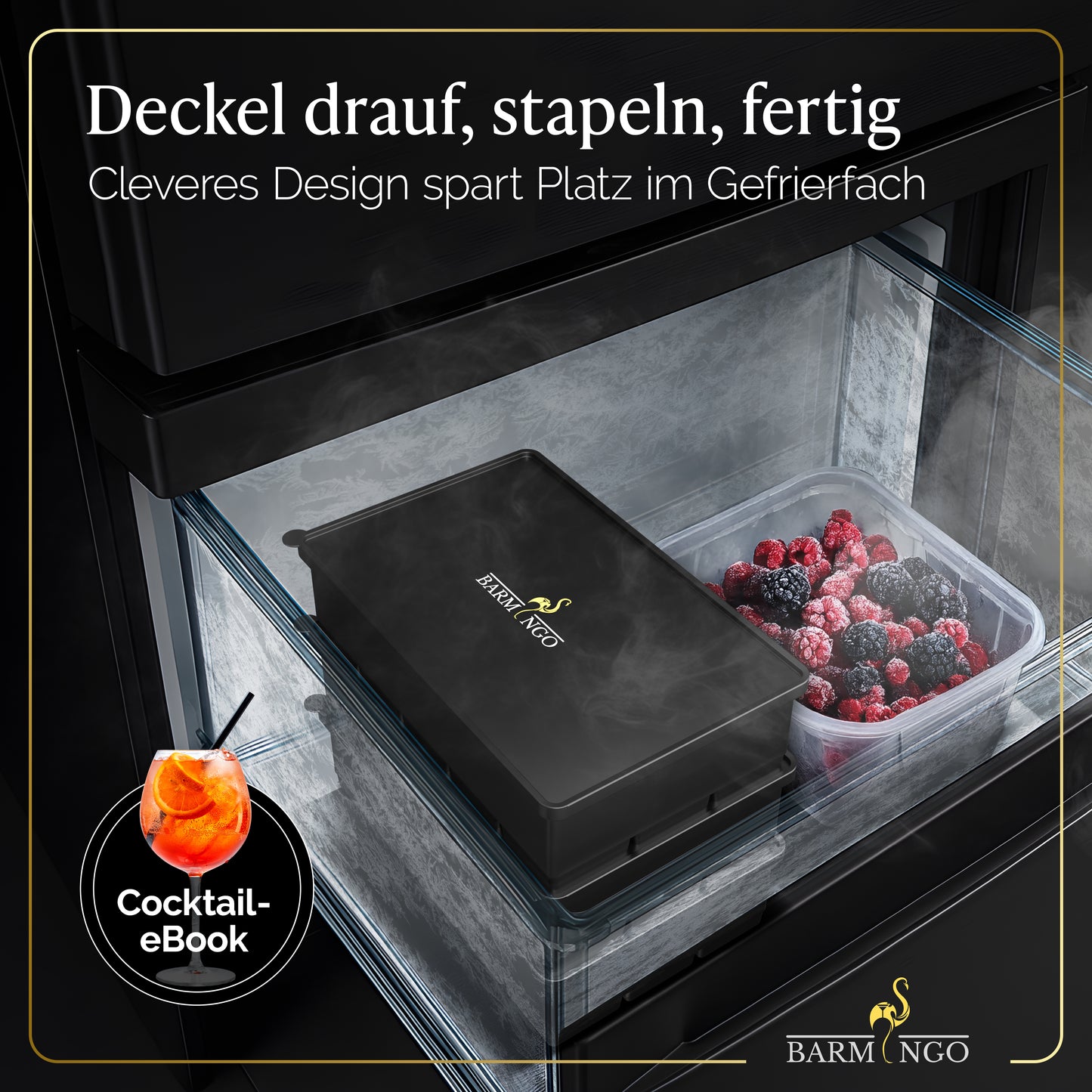 BARMINGO Eiswürfelform XXL mit Deckel | 3er Set | Farbe: Schwarz
