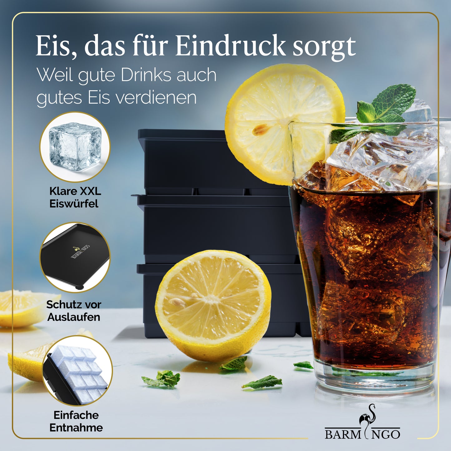 BARMINGO Eiswürfelform XXL mit Deckel | 3er Set | Farbe: Schwarz