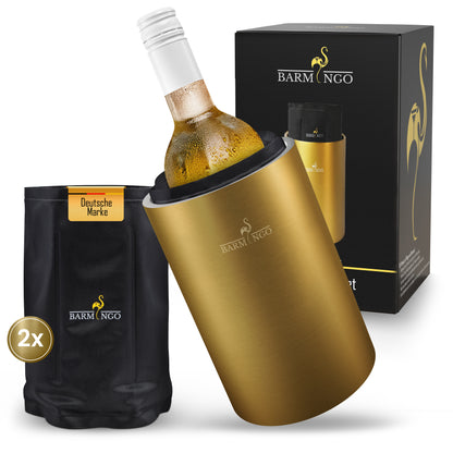 BARMINGO Weinkühler mit 2 Kühlakkus | Farbe: Gold | Für Wein, Sekt, Champagner | Edelstahl Flaschenkühler doppelwandig