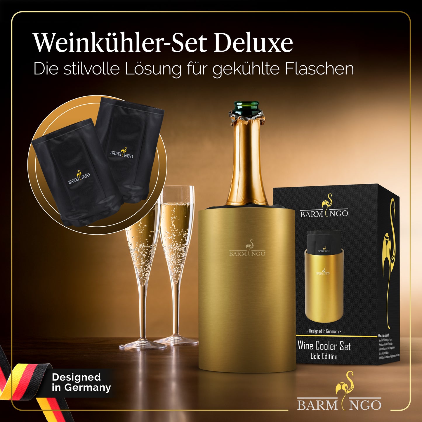 BARMINGO Weinkühler mit 2 Kühlakkus | Farbe: Gold | Für Wein, Sekt, Champagner | Edelstahl Flaschenkühler doppelwandig