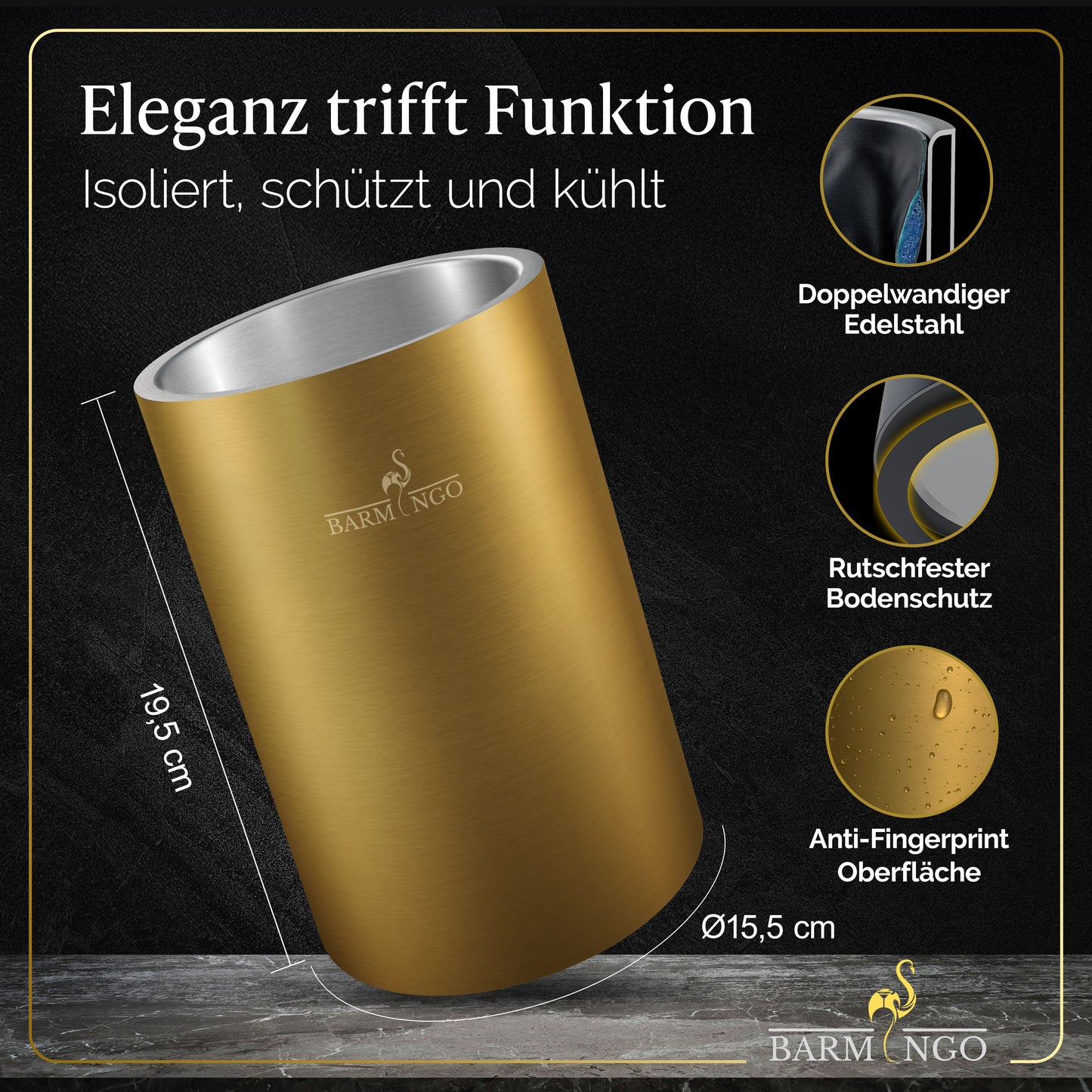 BARMINGO Weinkühler mit 2 Kühlakkus | Farbe: Gold | Für Wein, Sekt, Champagner | Edelstahl Flaschenkühler doppelwandig