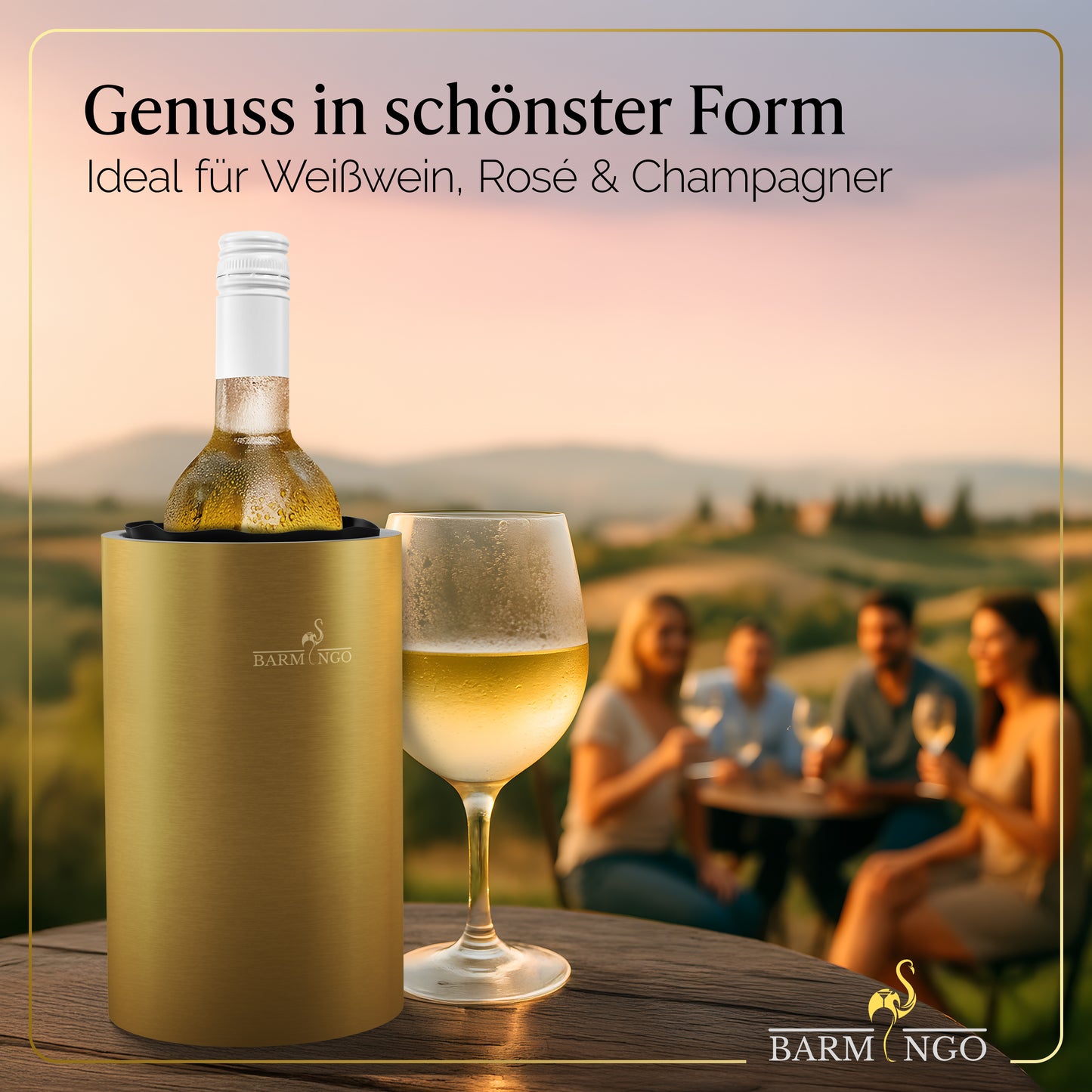 BARMINGO Weinkühler mit 2 Kühlakkus | Farbe: Gold | Für Wein, Sekt, Champagner | Edelstahl Flaschenkühler doppelwandig