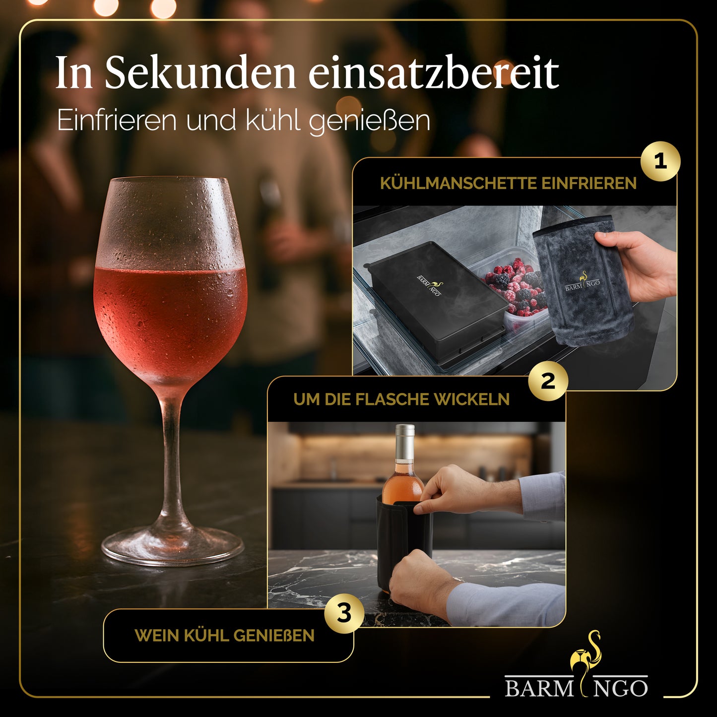 BARMINGO Weinkühler mit 2 Kühlakkus | Farbe: Gold | Für Wein, Sekt, Champagner | Edelstahl Flaschenkühler doppelwandig