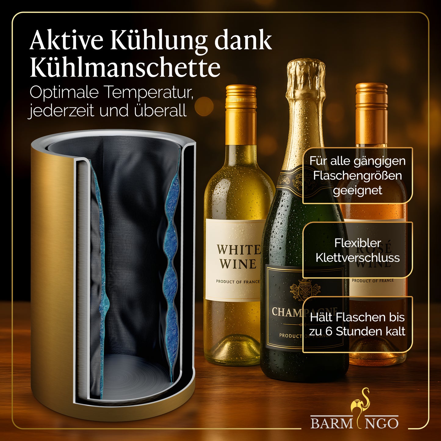 BARMINGO Weinkühler mit 2 Kühlakkus | Farbe: Gold | Für Wein, Sekt, Champagner | Edelstahl Flaschenkühler doppelwandig