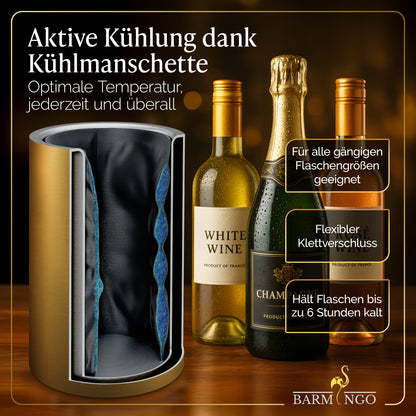 BARMINGO Weinkühler mit 2 Kühlakkus | Farbe: Gold | Für Wein, Sekt, Champagner | Edelstahl Flaschenkühler doppelwandig