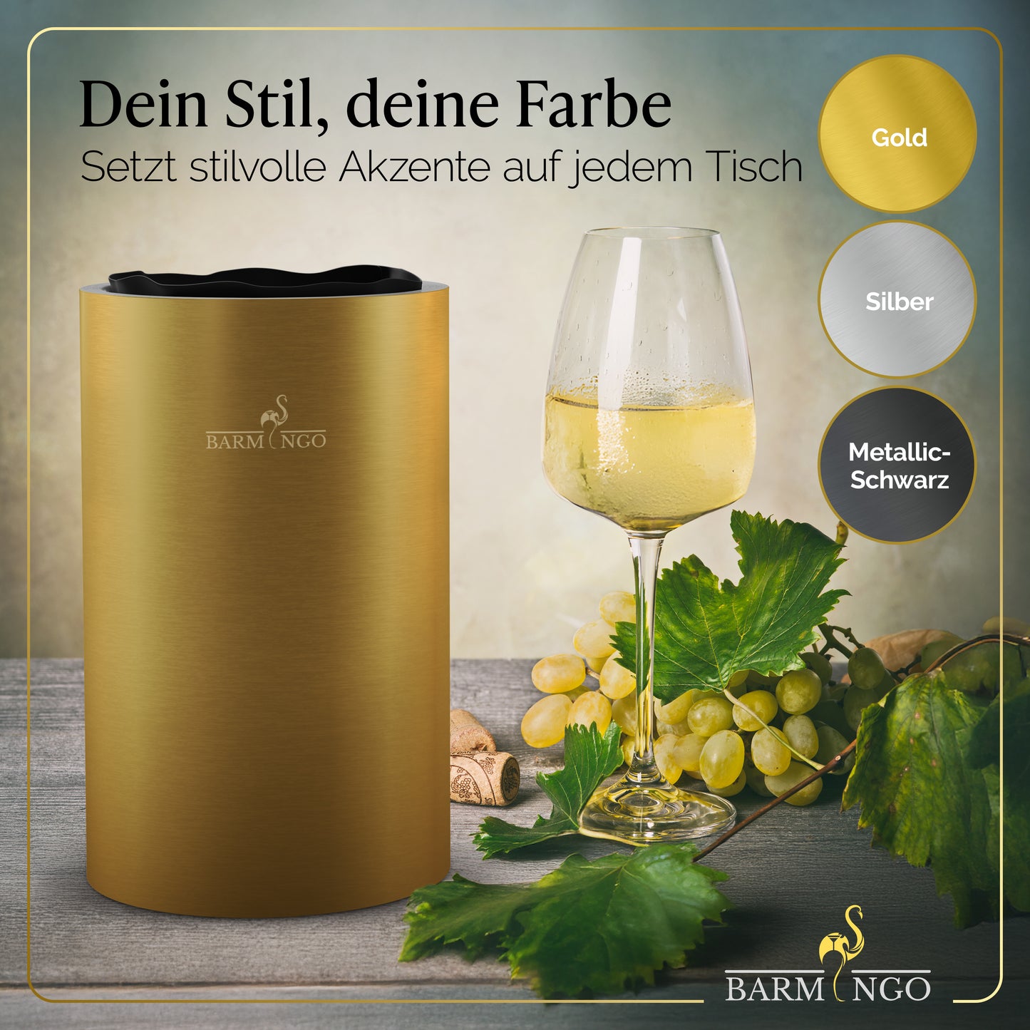 BARMINGO Weinkühler mit 2 Kühlakkus | Farbe: Gold | Für Wein, Sekt, Champagner | Edelstahl Flaschenkühler doppelwandig