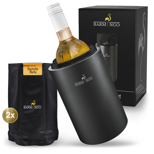 BARMINGO Weinkühler mit 2 Kühlakkus | Farbe: Metallic-Schwarz | Für Wein, Sekt, Champagner | Edelstahl Flaschenkühler doppelwandig