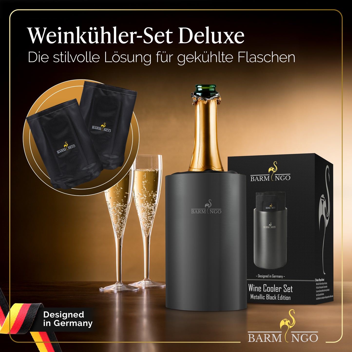 BARMINGO Weinkühler mit 2 Kühlakkus | Farbe: Metallic-Schwarz | Für Wein, Sekt, Champagner | Edelstahl Flaschenkühler doppelwandig